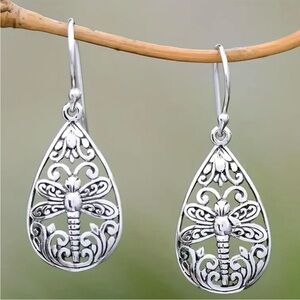 Dragonfly Teardrop Earrings - Silver